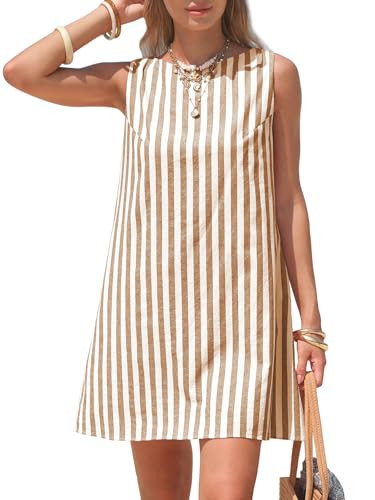 EXLURA Women Summer 100% Cotton Faux Linen Dresses Sleeveless Striped A-Line Mini Sundress Beach ... | Amazon (US)