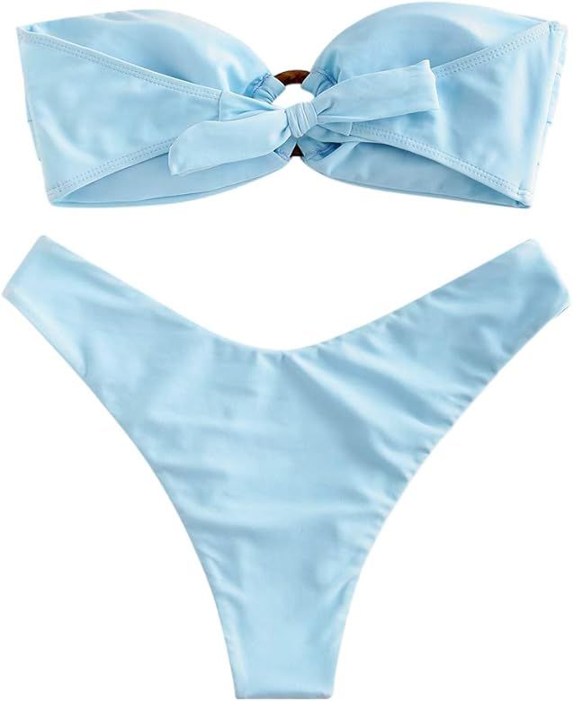 ZAFUL Women's Tie Dye Ribbed O Ring Lace Up Tie Side Bandeau Bikini Set Swimsuit | Amazon (US)