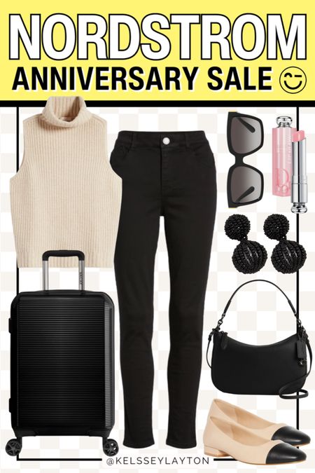 Nordstrom Anniversary sale outfit idea! Sleeveless sweater, black jeans, luggage, Chanel lookalike flats 

#LTKxNSale #LTKshoecrush #LTKsalealert