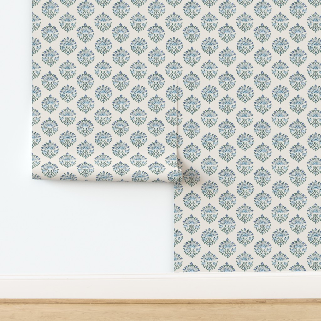 6" Handblock Medallion Blue on Ivory Wallpaper bywhitneyenglish | Spoonflower