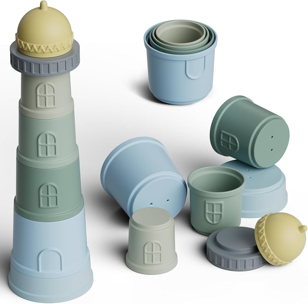 MR.PUR Lighthouse Stacking Cups Baby Toys, 7Pcs Silicone Soft Teething Toy & Baby Bathing Toys with  | Amazon (US)