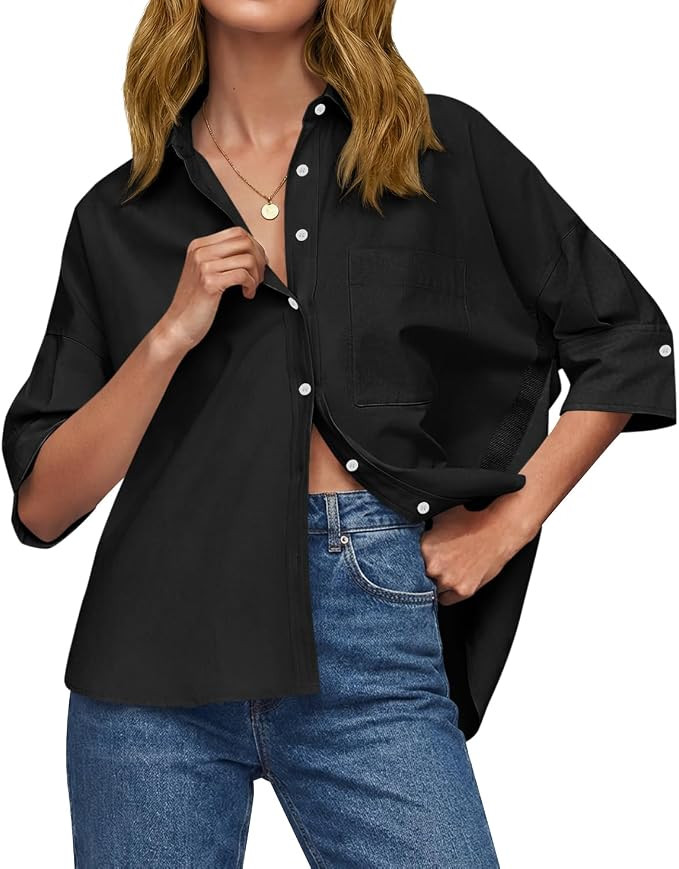 Cicy Bell Womens Oversized Button Down Shirts Half Sleeve Collared Tops | Amazon (US)