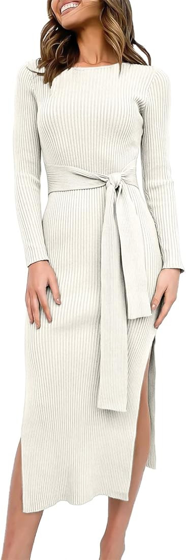 ANRABESS Women's 2022 Elegant Sweater Dress Long Sleeve Crewneck Tie Waist Slim Fit Knit Slit Mid... | Amazon (US)