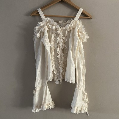 Blanc Nature Cream Crinkled Silk Blouse Tied Bell Sleeve Hippie Boho Sz. TSmall | eBay US