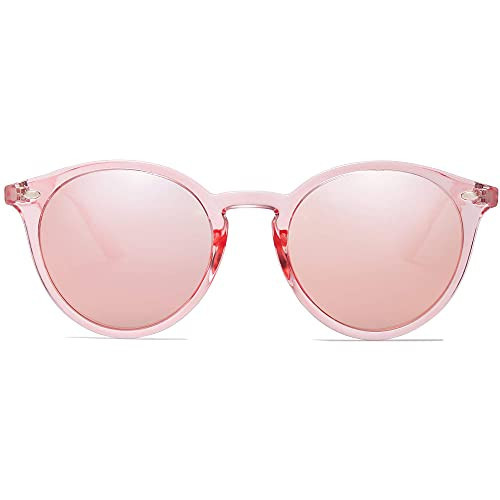SOJOS Retro Round Polarized Sunglasses for Women Men Classic Vintage Sunnies SJ2069, Clear Pink/Pink Mirrored | Amazon (US)