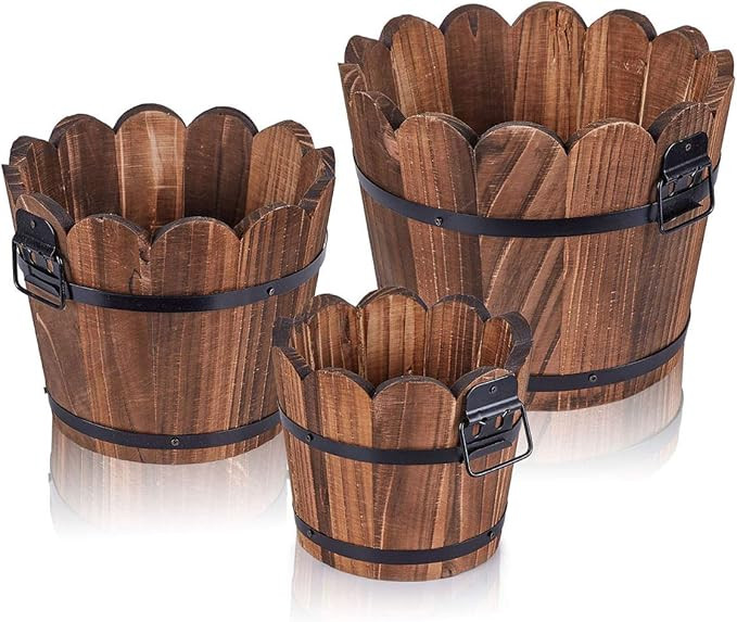 Wooden Bucket Barrel Planters, Rustic Patio Planters Flower Pots for Plants Indoor Décor, Set of... | Amazon (US)