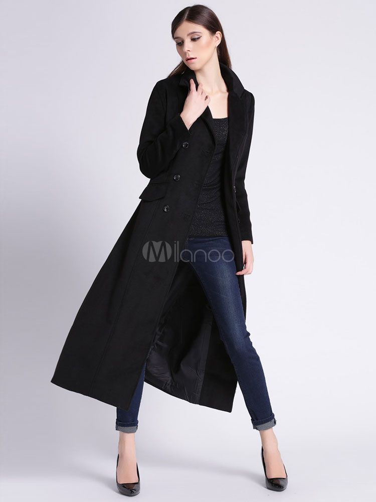 Women's Long Coat Black Double Breasted Turndown Collar Slim Fit Overcoat | Milanoo