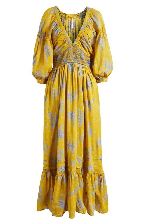 Free People Golden Hour Smocked Bodice Cotton Maxi Dress in Eqyptian Palm Combo at Nordstrom, Size X | Nordstrom