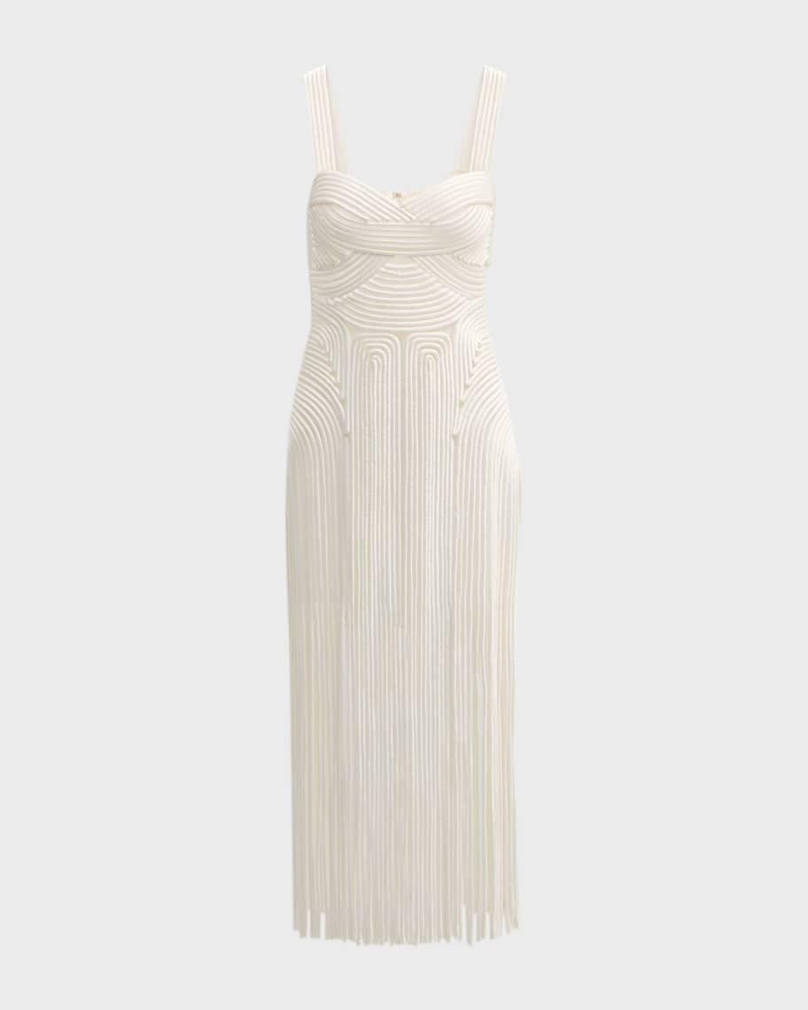 SIMKHAI Darby Sleeveless Sweetheart Fringe Midi Dress | Neiman Marcus