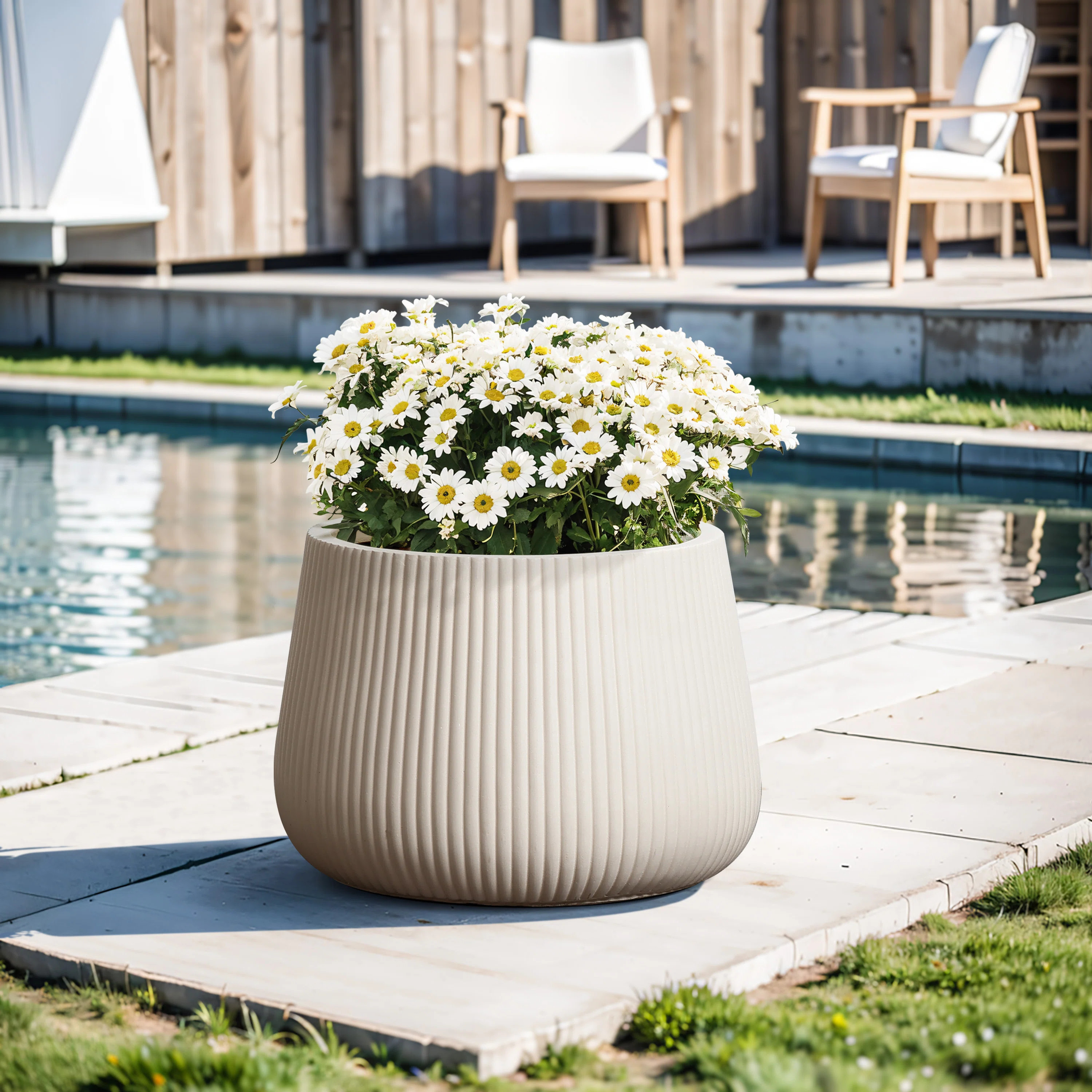 Off White Ribbed 15.55-Inch Round Planter | Wayfair North America