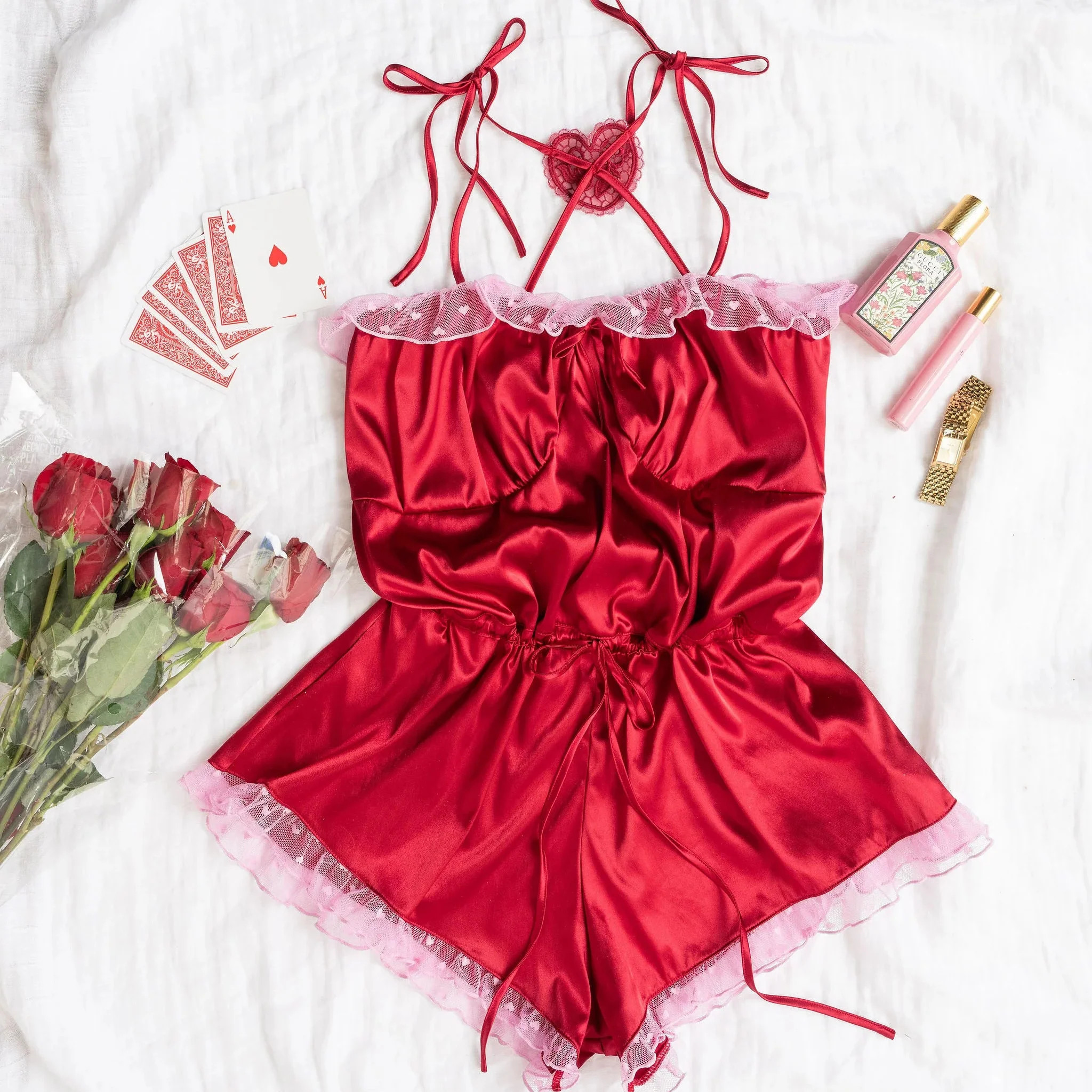 Satin Cross-Back Romper - Red | Mentionables