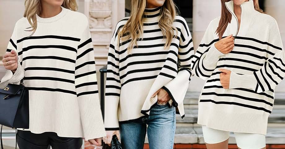 Women's Striped Turtleneck Sweater Long Sleeve Oversized Knitted Soft Pullover Sweaters Side Spli... | Amazon (US)