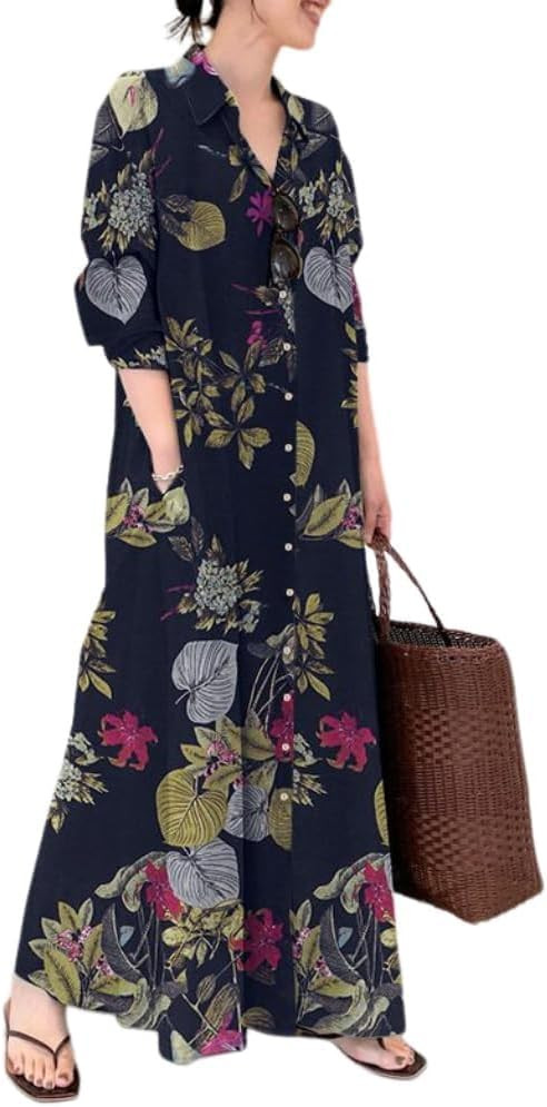 TIAFORD Women's Casual Button Down Cotton Linen Maxi Dress Long Sleeve Lapel Loose Plus Size Shir... | Amazon (US)