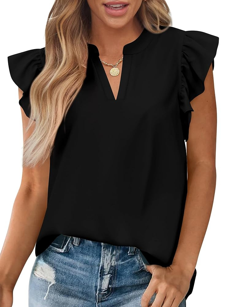 Zenlonr Womens Summer Tops 2025 Casual V Neck Ruffle Cap Sleeve Blouse Shirts Basic Tunic Tops Sp... | Amazon (US)