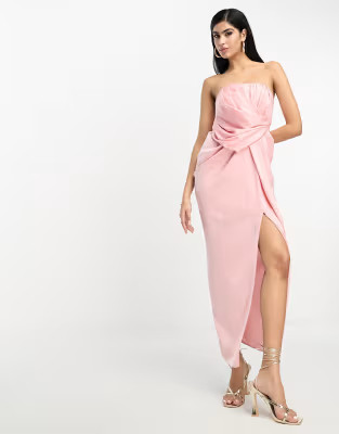 ASOS DESIGN US Exclusive satin bandeau midi dress with drape twist detail in light pink | ASOS (Global)