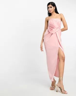 ASOS DESIGN US Exclusive satin bandeau midi dress with drape twist detail in light pink | ASOS (Global)