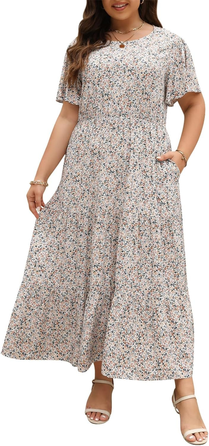 Womens Plus Size Boho Ditsy Floral Print Casual Layered Flared Maxi Dress with Pocket NEM304 | Amazon (US)