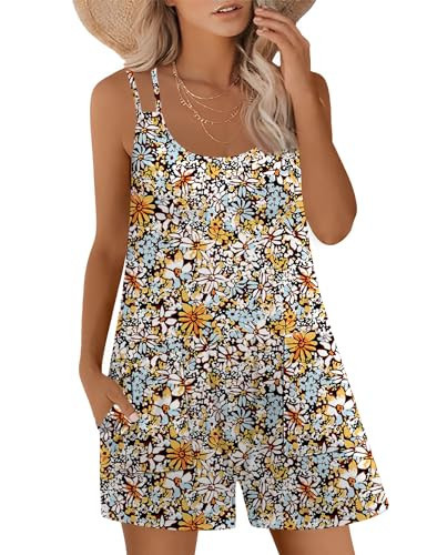 Micoson Floral Print Crewneck Sleeveless Shorts Rompers Loose Overalls Jumpers with Pockets, Black Yellow Floral 2XL | Amazon (US)