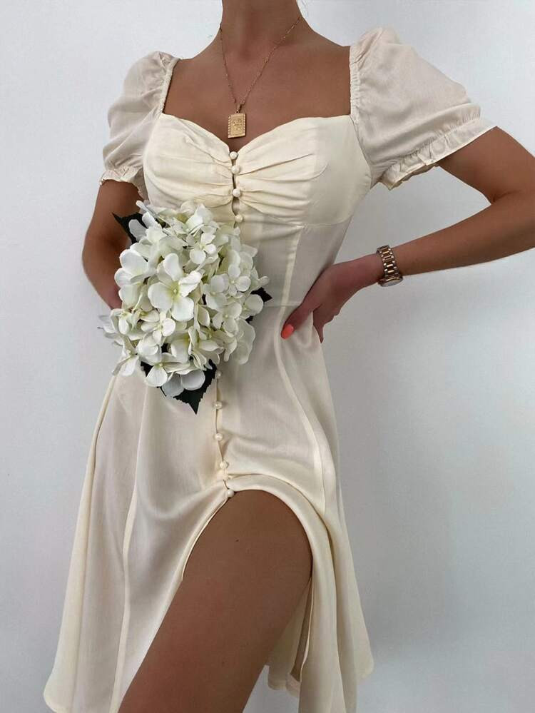 Puff Sleeve Button Up Night Dress | SHEIN