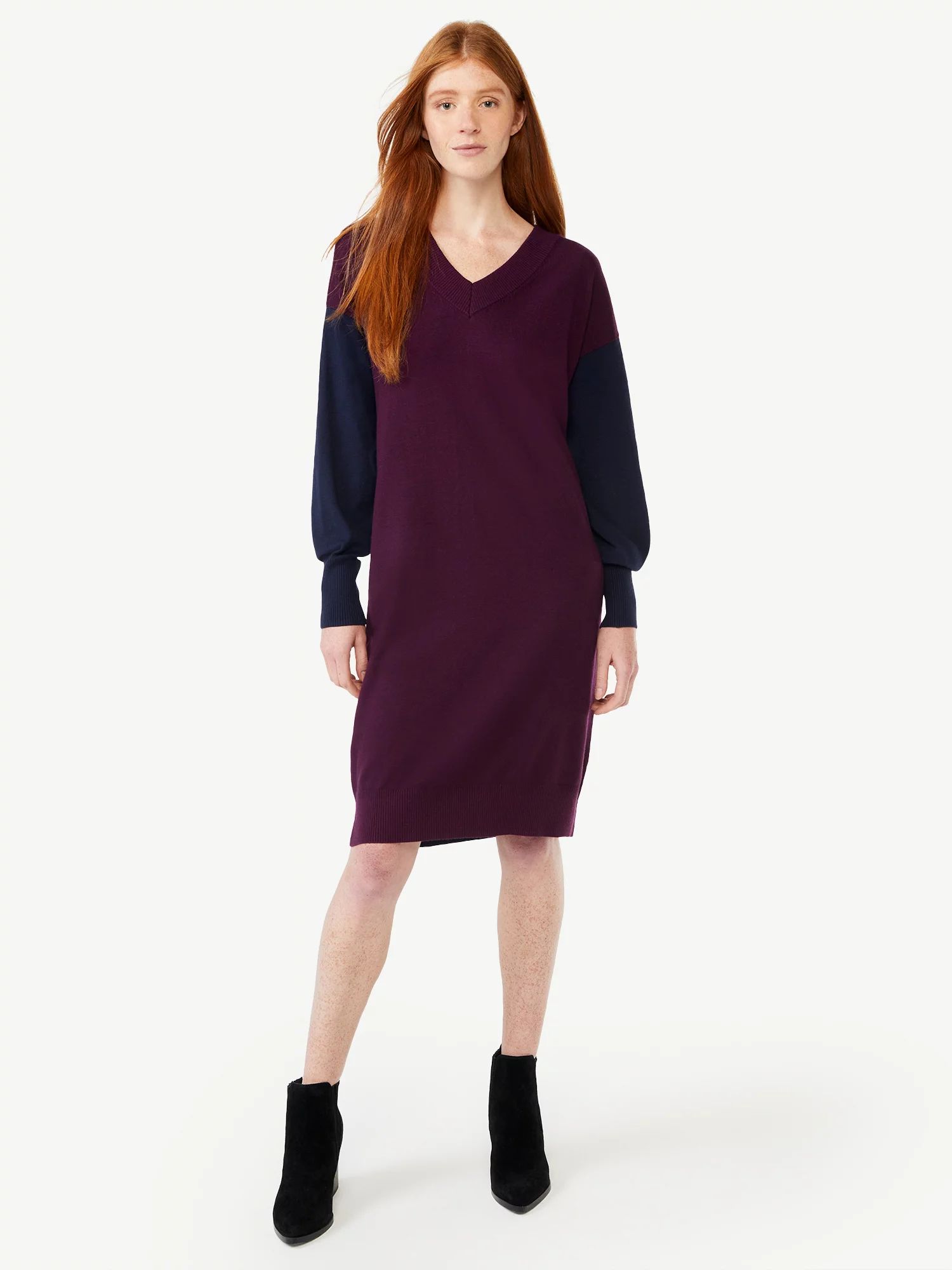 Free Assembly Women's V-Neck Sweater Mini Dress with Long Sleeves | Walmart (US)