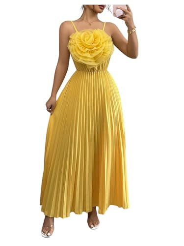 OYOANGLE Women's 3D Floral Spaghetti Strap Cami Dress Pleated Sleeveless Flared Evening Dresses | Amazon (US)