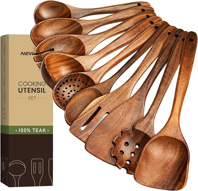 Wooden Utensil Set - 10 Pcs Teak Wooden Spoons for Cooking, Non Toxic, Heat Resistant, Durable & ... | Amazon (US)