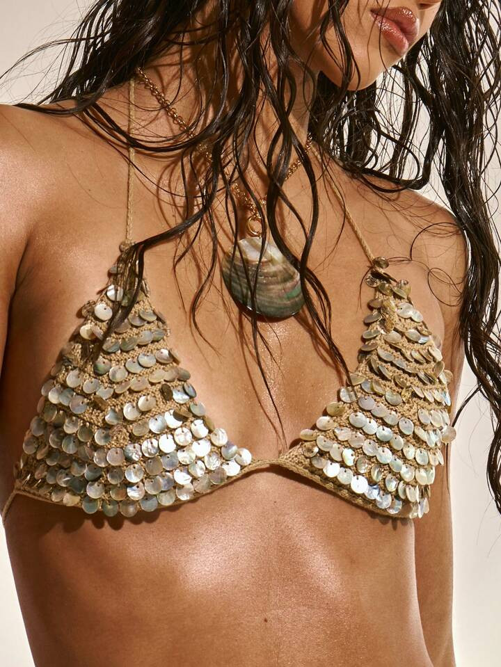 Musera Resort Knit Iridescent Shell Halterneck Triangle Bikini Top Only Beach Swimwear Vacation Summer Holiday Cute Sexy Ibiza Elegant Festival Rave Boho Marine | SHEIN
