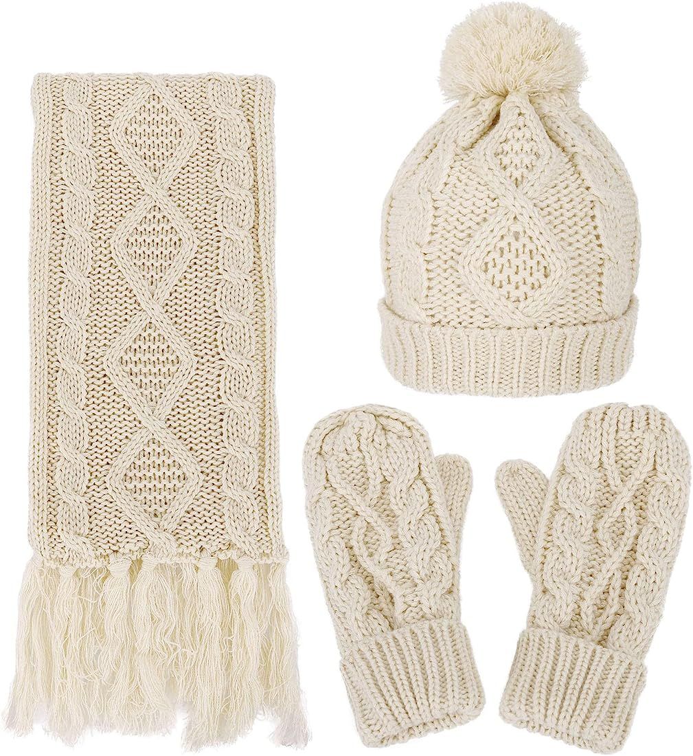 ANDORRA 3 in 1 Women Soft Warm Thick Cable Knitted Hat Scarf & Gloves Winter Set | Amazon (US)