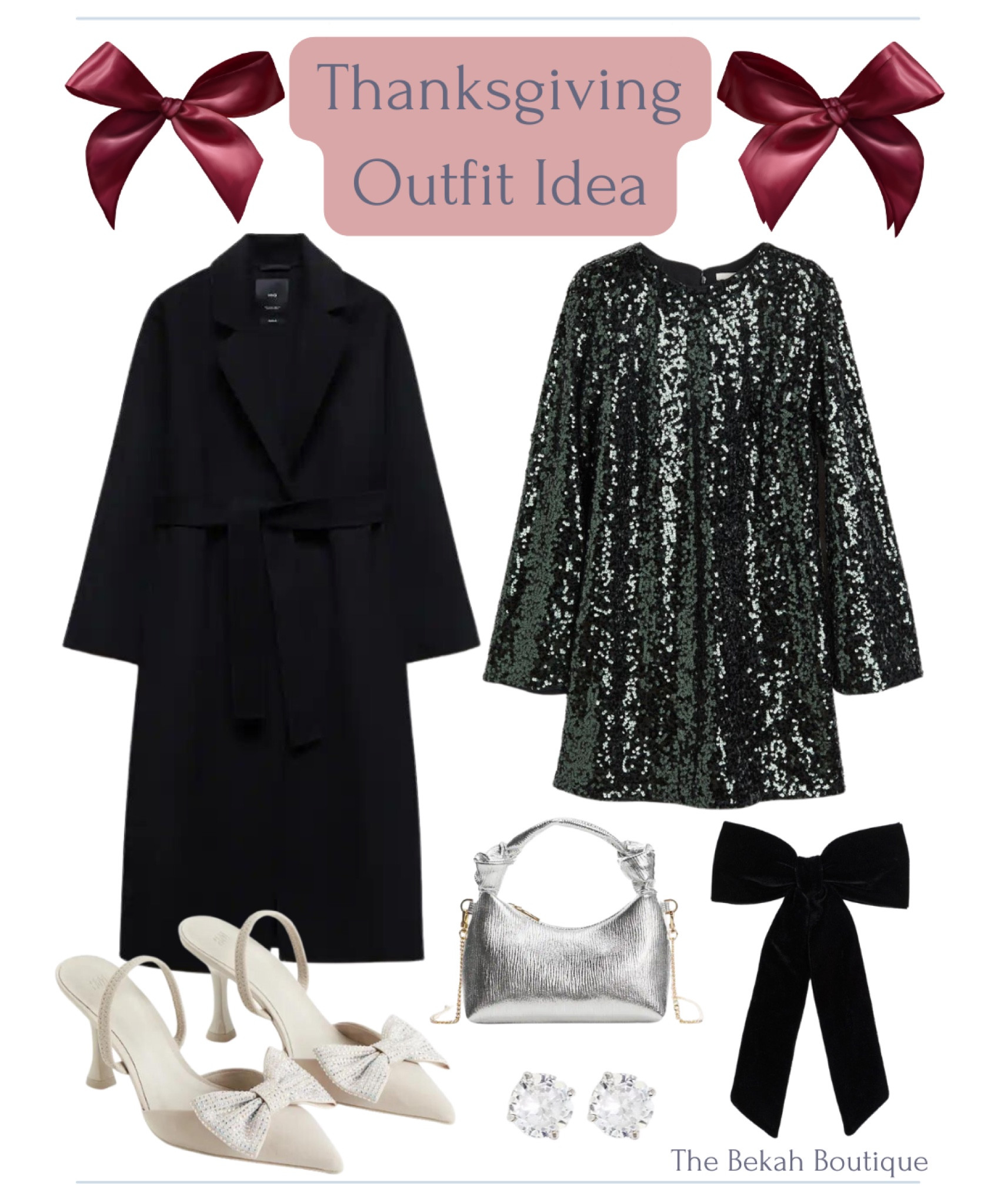 Thanksgiving, thanksgiving outfit, affordable thanksgiving outfit, fall, fall fashion, holiday, party, festive, feminine, grand millennial, preppy, black tie belt coat, mango, h&m, emerald green sequin mini dress, under $100, black velvet bow hair clip, silver mini bag, sparkly stud earrings, bow embellished sling back heels 

#LTKfindsunder100 #LTKHoliday #LTKSeasonal