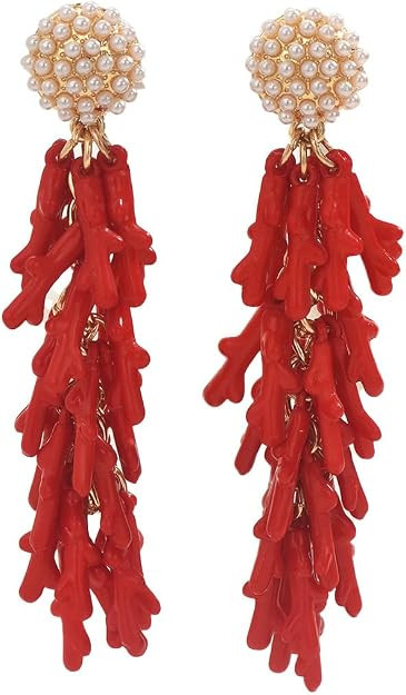 Red Coral Drop Earrings for Women, Boho Statement Tassel Earrings with Pearl Studs, Vintage Ocean... | Amazon (US)