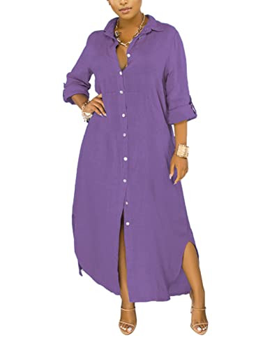 Women's Button Down Maxi Shirts - Casual Loose Long Sleeve Roll Up Shirt Dress Split Dresses Purple S | Amazon (US)