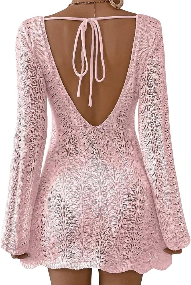 Womens Swimsuit Cover Up Long Sleeve Crochet Bathing Suit Mesh Backless Cover Ups Summer Beach Va... | Amazon (US)