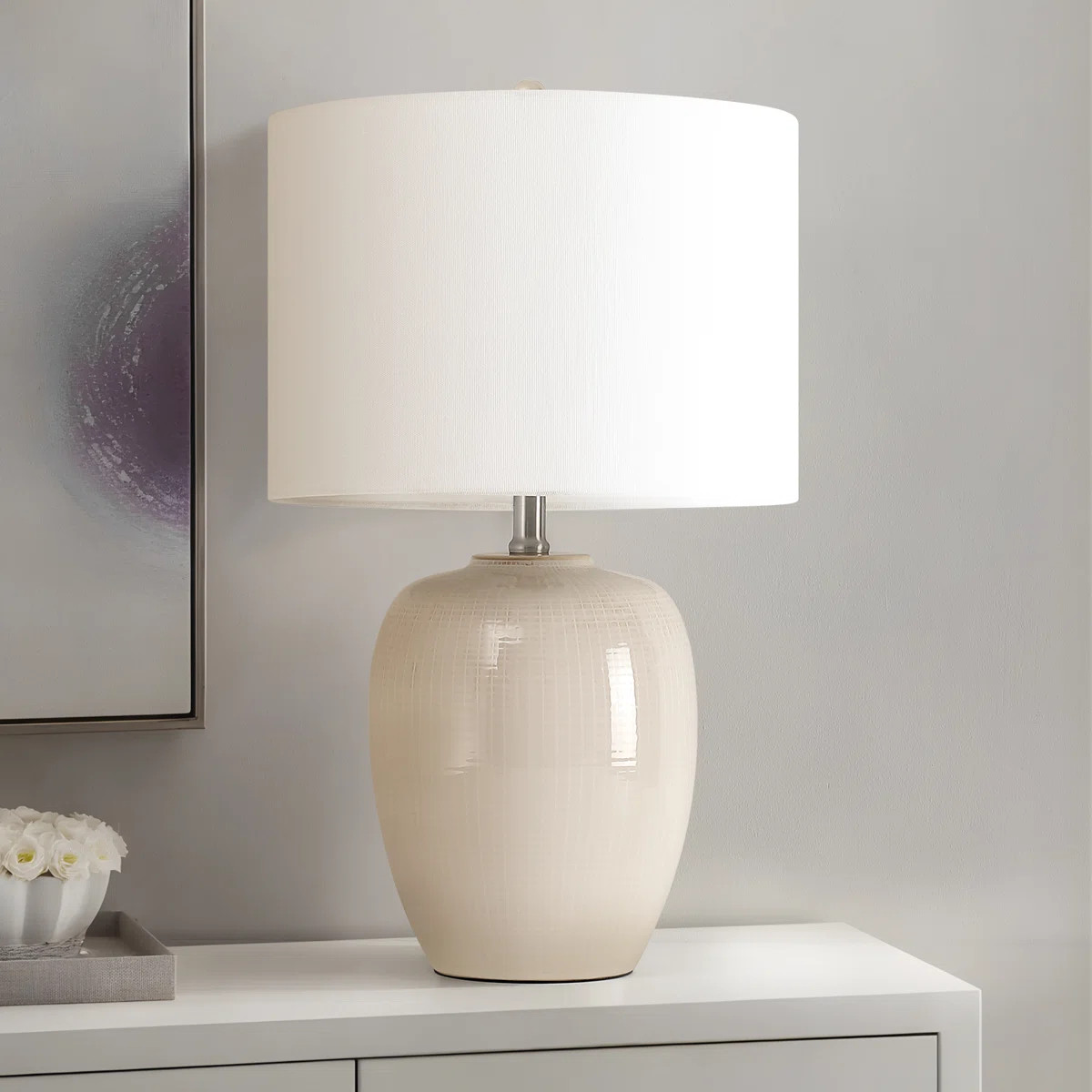 3-way White Ceramic Table Lamp With Drum Shade | Wayfair North America