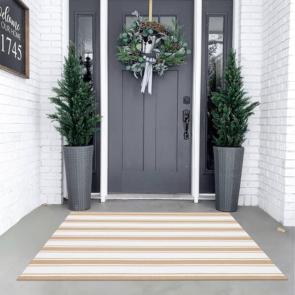 KIMODE Striped Outdoor Rug 3'x 5',Washable Reversible Outdoor Patio Rugs,Cotton Hand-Woven Farmhouse Welcome Layered Door Mats for Front Door,Entryway,Porch Decor,White and Khaki | Amazon (US)