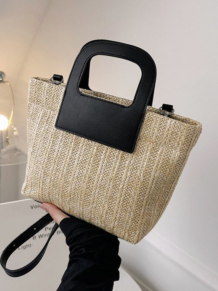 Two Tone Straw Bag Double Handle Vacation | SHEIN