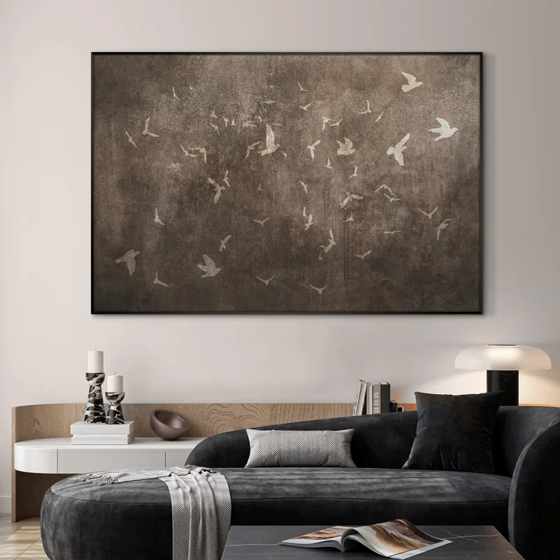 Extra Large Wall Art Fabric Print - Rustic Bird Silhouettes Minimalist Flying Birds Illustration ... | Wayfair North America