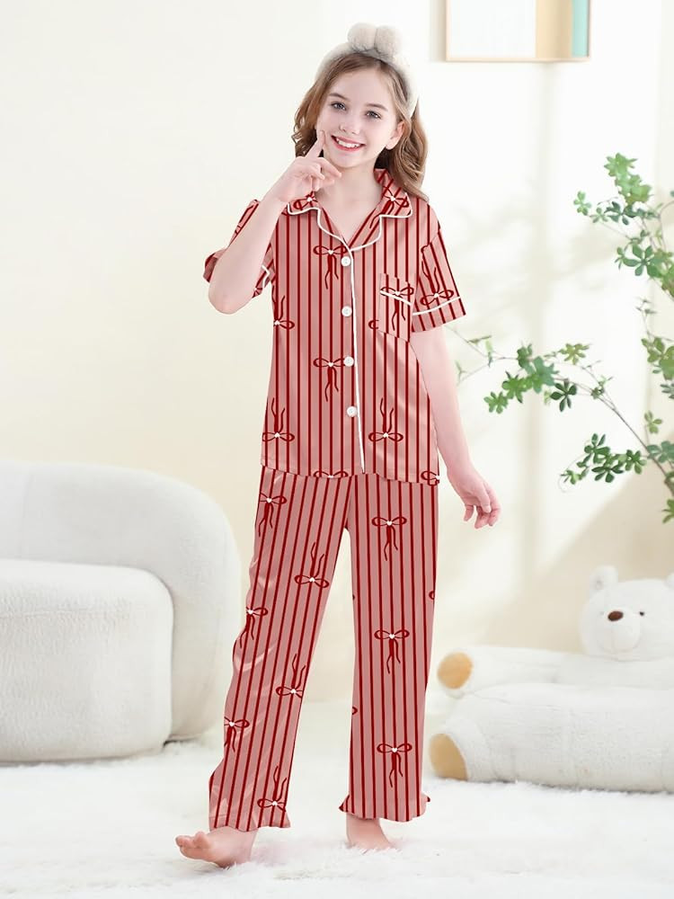 QZH.DUAO Silk Satin Pajamas Set Girls 2 Piece Pj Sets Ruffle Short Sleeve Sleepwear Soft Button D... | Amazon (US)