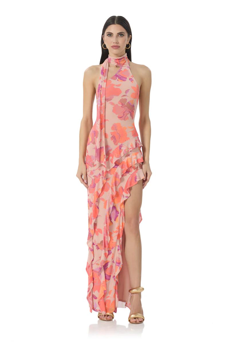 Desiree Ruffle Maxi Dress - Nude Marble Floral | ShopAFRM