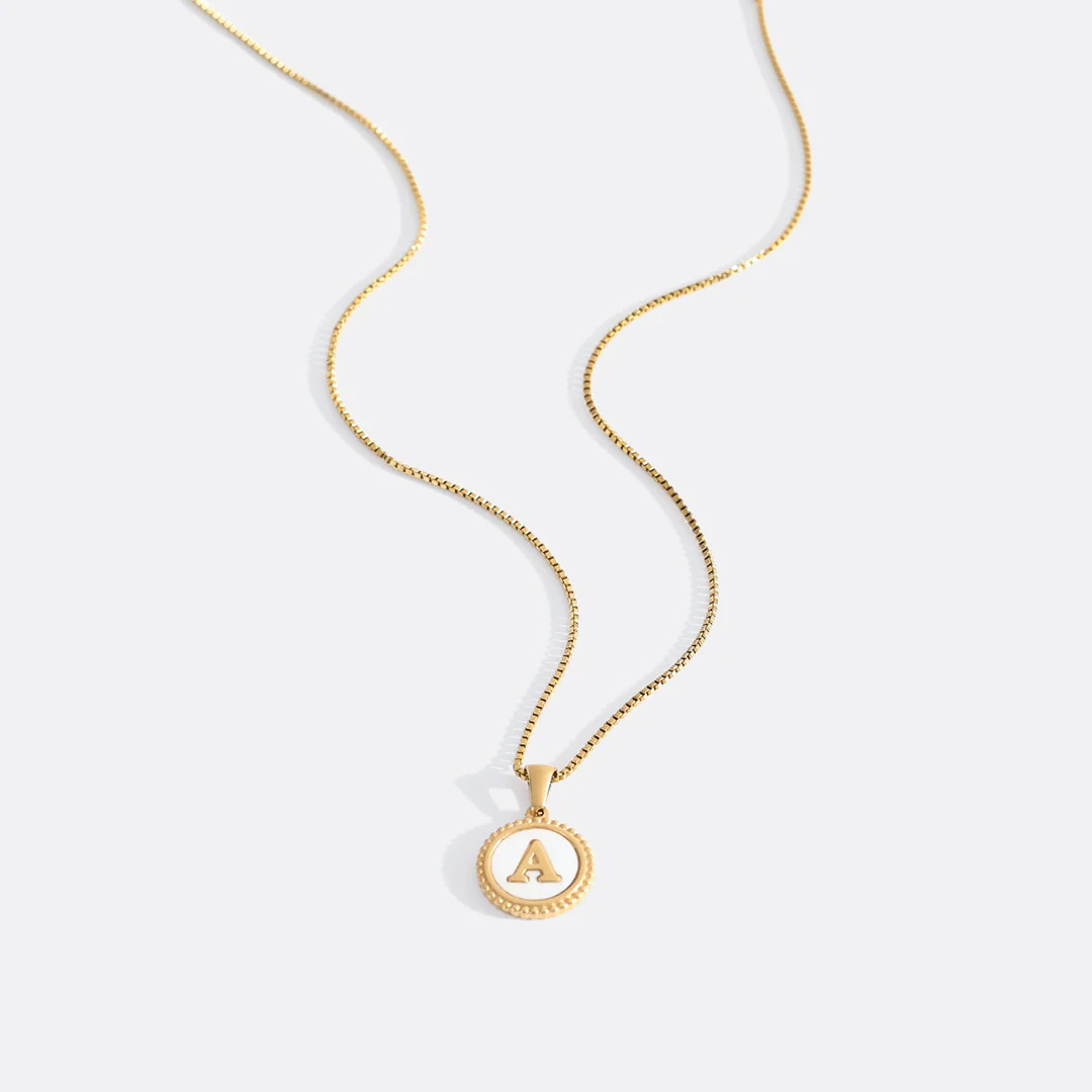 Mother of Pearl Disc Letter Necklace with Box Chain | Mint & Lily