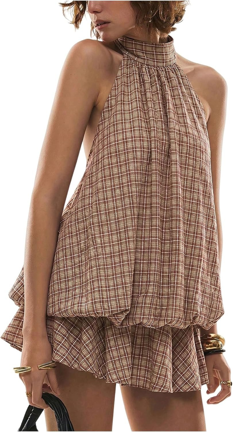 SOLY HUX Women's Plaid Halter Mini Dress Ruffle Bubble Hem Going Out Dress | Amazon (US)