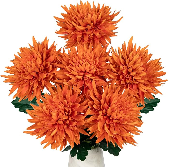 Hollyone 6Pcs Orange Artificial Mums for Outdoors Fall Flowers Large Fall Mums Autumn Chrysanthem... | Amazon (US)