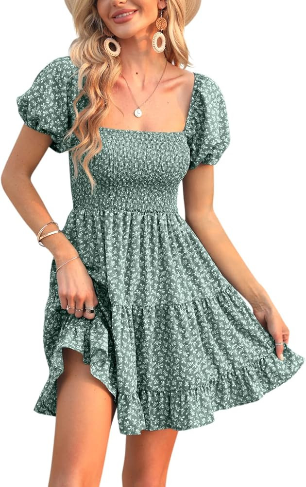 Veatzaer Women's Puff Sleeve Square Neck Smocked Babydoll Dress Boho Floral Print Off Shoulder Ru... | Amazon (US)