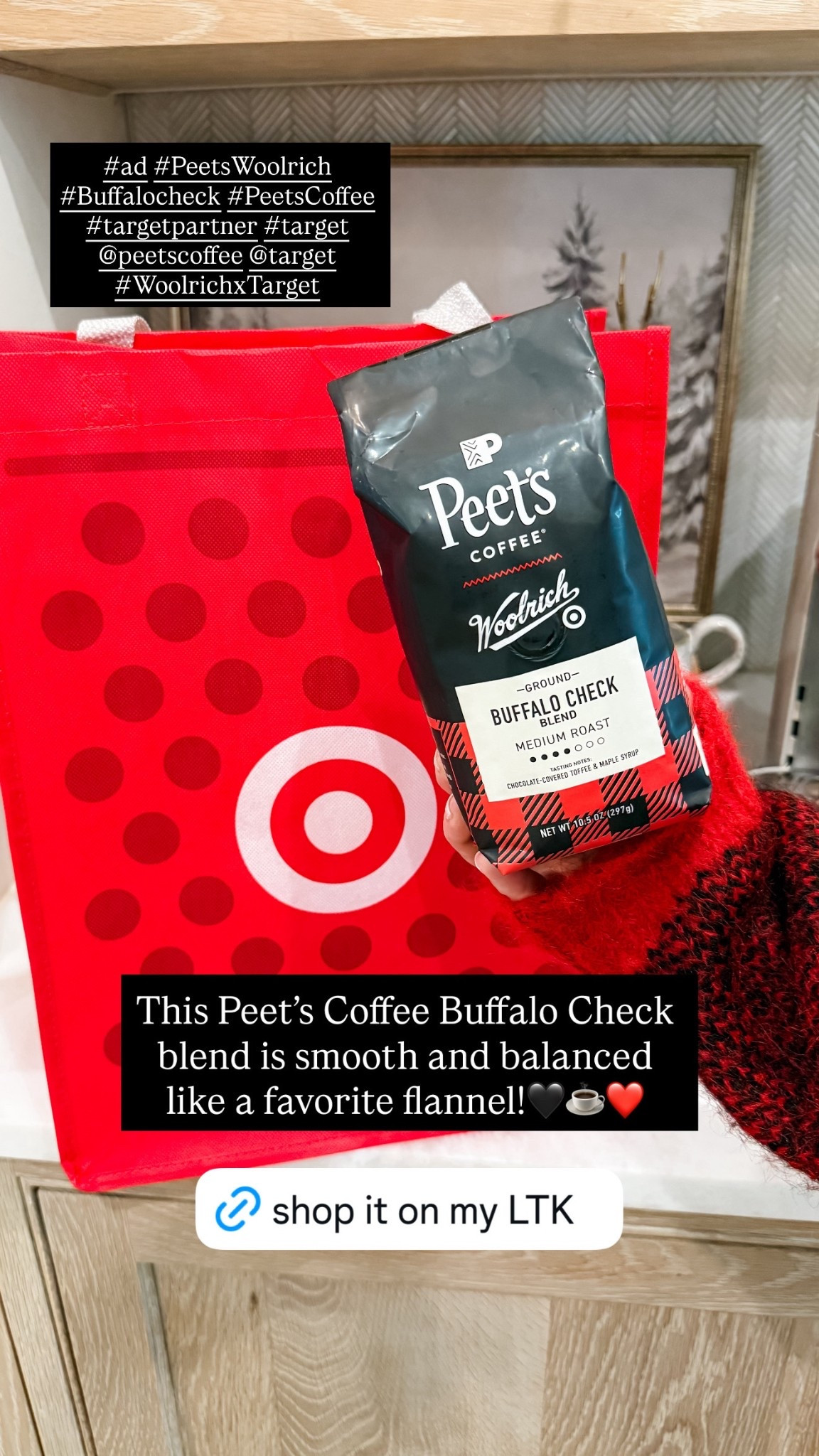 #ad My holiday hosting essential? A warm cup of Peet’s Buffalo Check Blend and the timeless style of the Woolrich x Target Collection 🎄☕
 Classic, comforting, and available for a limited time only in select Target stores and online here — perfect for creating that festive, cozy feel at home.
#PeetsWoolrich #BuffaloCheck #PeetsCoffee #TargetPartner #Target #WoolrichxTarget @PeetsCoffee @Target @shop.ltk #liketkit

#LTKHome #LTKSeasonal #LTKHoliday
