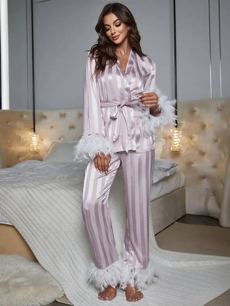 Striped Jacquard Fuzzy Trim Belted PJ Set | SHEIN