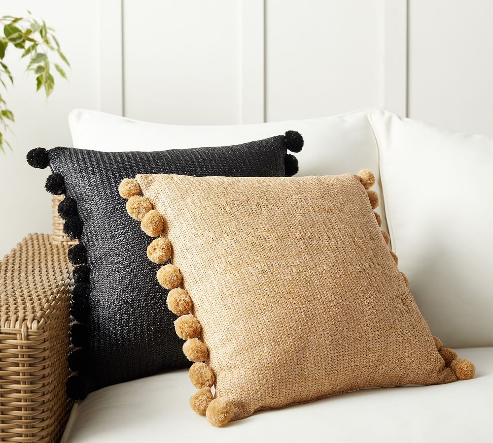 Faux Natural Fiber Pom Pom Indoor/Outdoor Pillow | Pottery Barn (US)