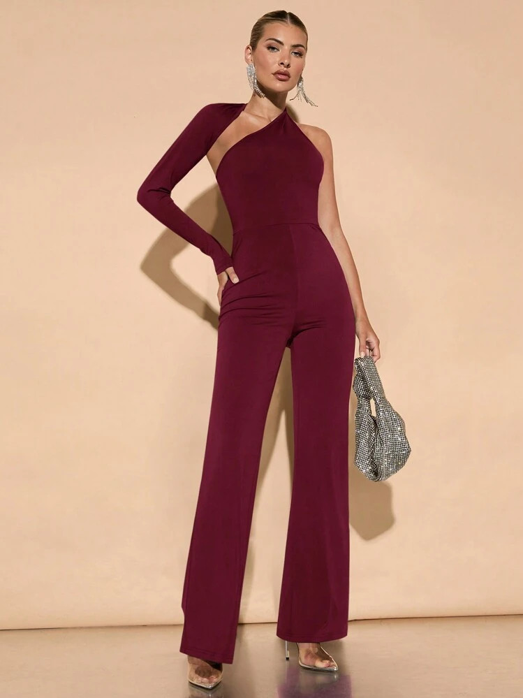 SHEIN BAE Autumn Outfit Elegant Asymmetric Collar Flared Jumpsuit, Suitable For Daily Date, Clubbing, Party, And Social Gathering | SHEIN