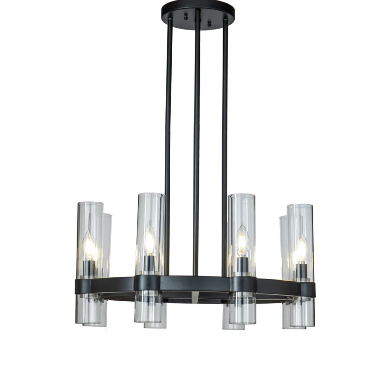 8-Lights Modern Cylinder 25" Matte Black Wagon Wheel Chandelier With Glass Accents | Wayfair North America