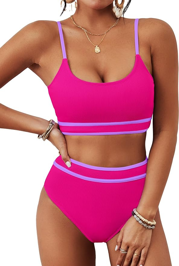BMJL Women's High Waisted Bikini Ribbed Two Piece Swimsuit High Cut Color Block Adjustable Straps... | Amazon (US)