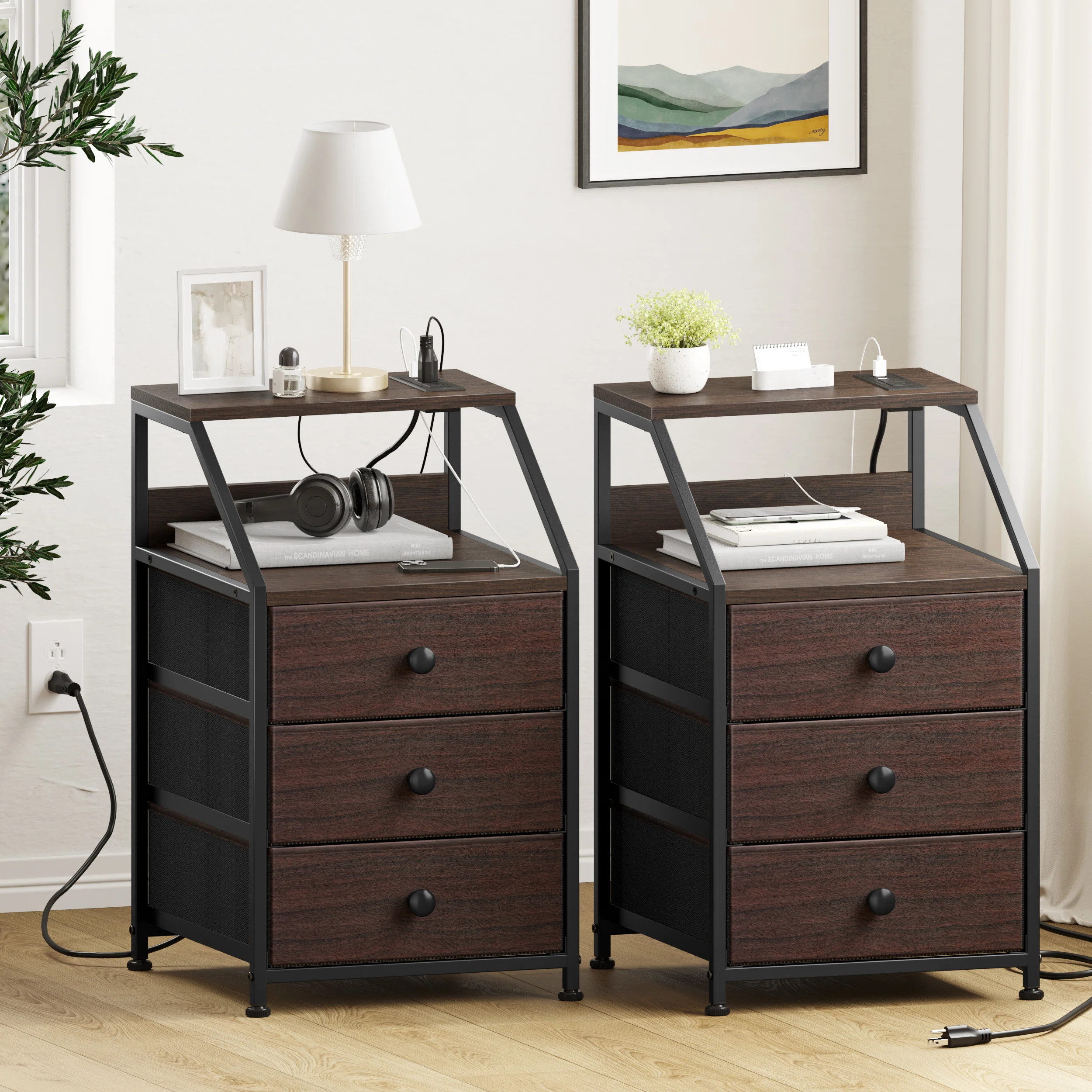 Travison Nightstands with 3 Drawers & Outlets, Bedside Tables with 2 USB Ports & 2-Tier Open Shel... | Wayfair North America
