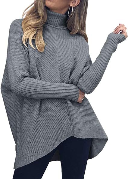Nulibenna Womens Turtleneck Long Batwing Sleeve Knit Sweater Asymmetric Hem Chunky Pullover Winte... | Amazon (US)